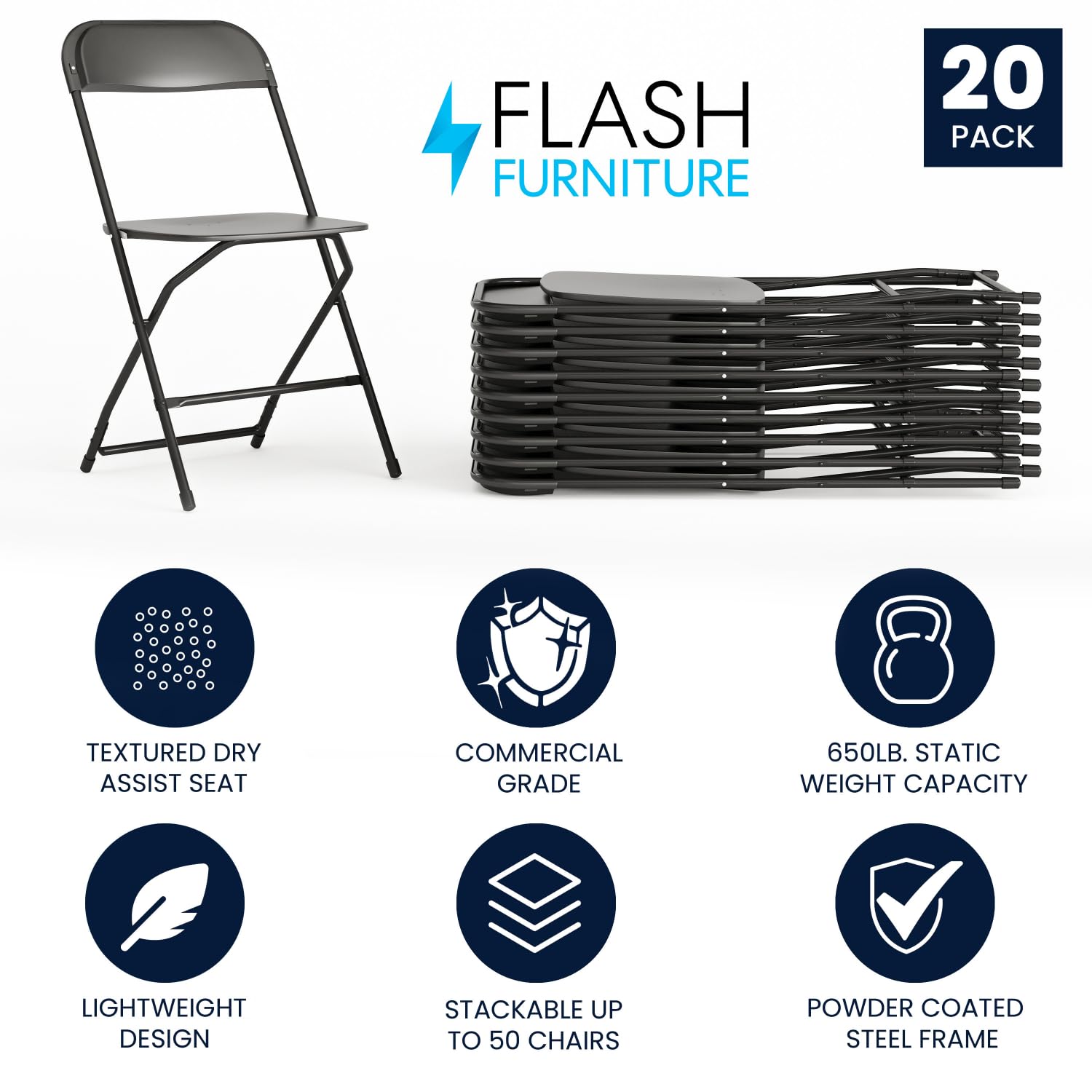 Flash Furniture Hercules Series Plastic Folding Chair - Black - 20 Pack 650Lb Weight Capacity Comfortable Event Chair-Lightweight Folding Chair
